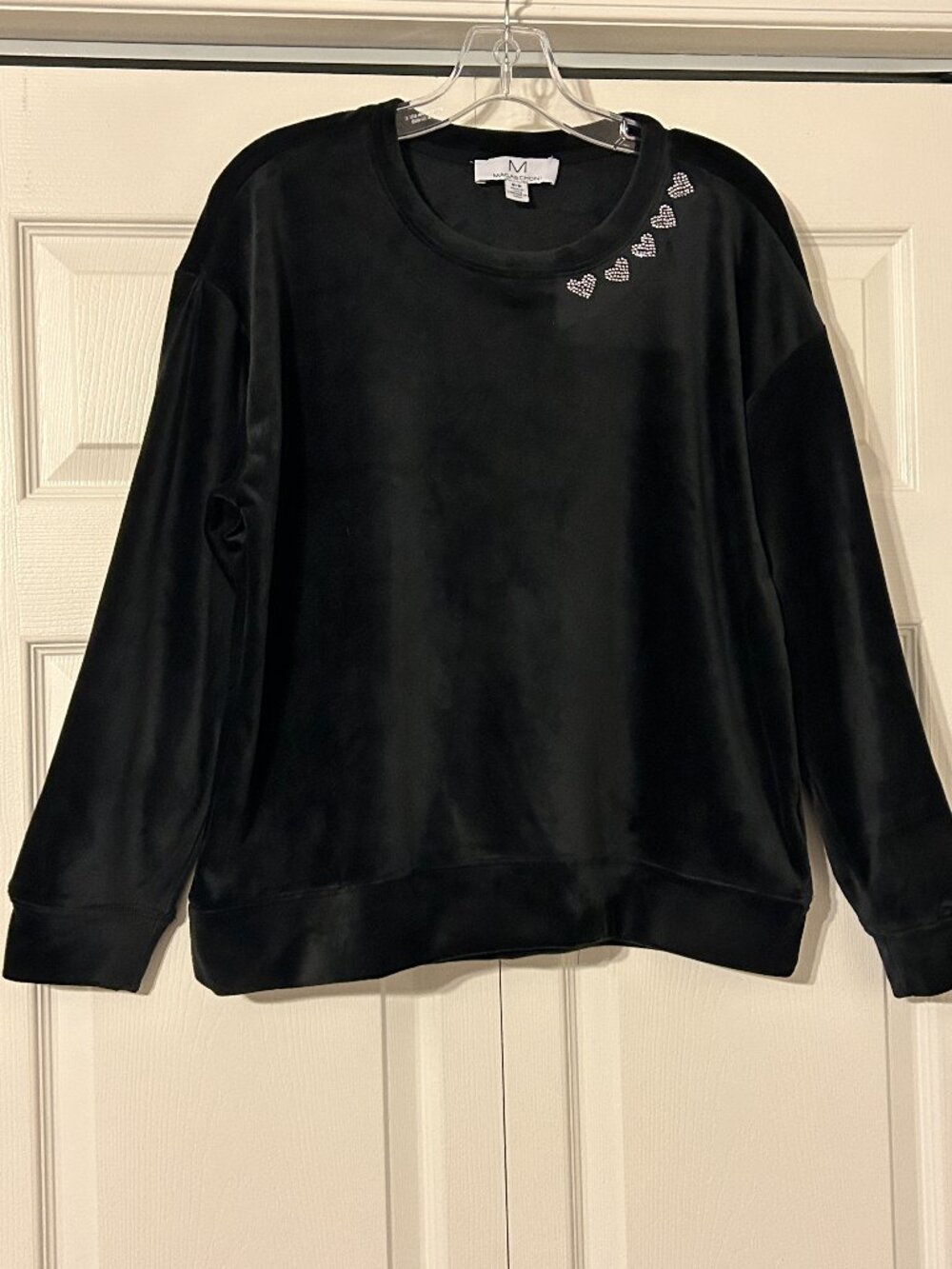 MAGASCHONI Sz M Black Velour with Rhinestone Hearts Long Sleeve Top